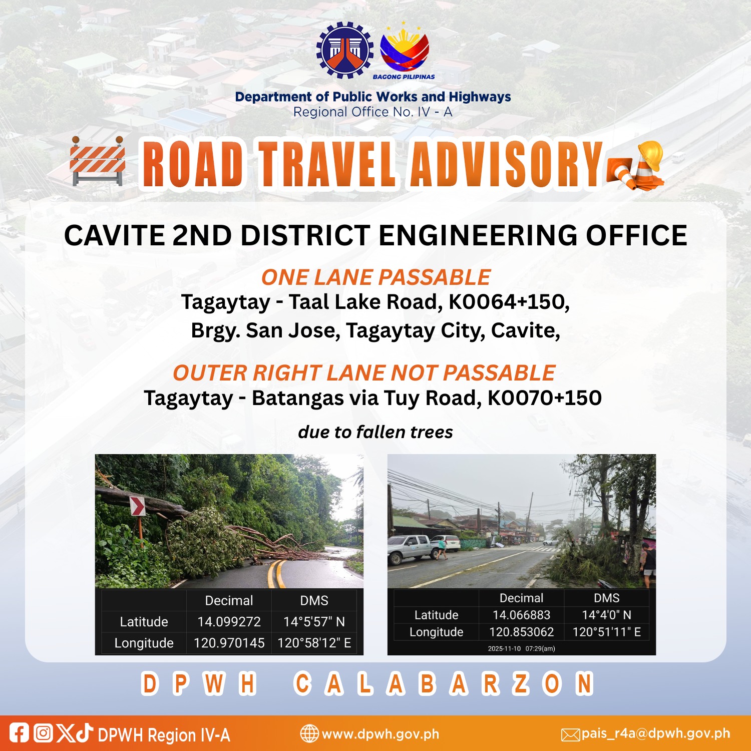 𝗗𝗣𝗪𝗛 𝗥𝗘𝗚𝗜𝗢𝗡 𝗜𝗩-𝗔 𝗥𝗢𝗔𝗗 𝗔𝗗𝗩𝗜𝗦𝗢𝗥𝗬 𝐔𝐩𝐝𝐚𝐭𝐞... - DPWH Region IV-A | Facebook