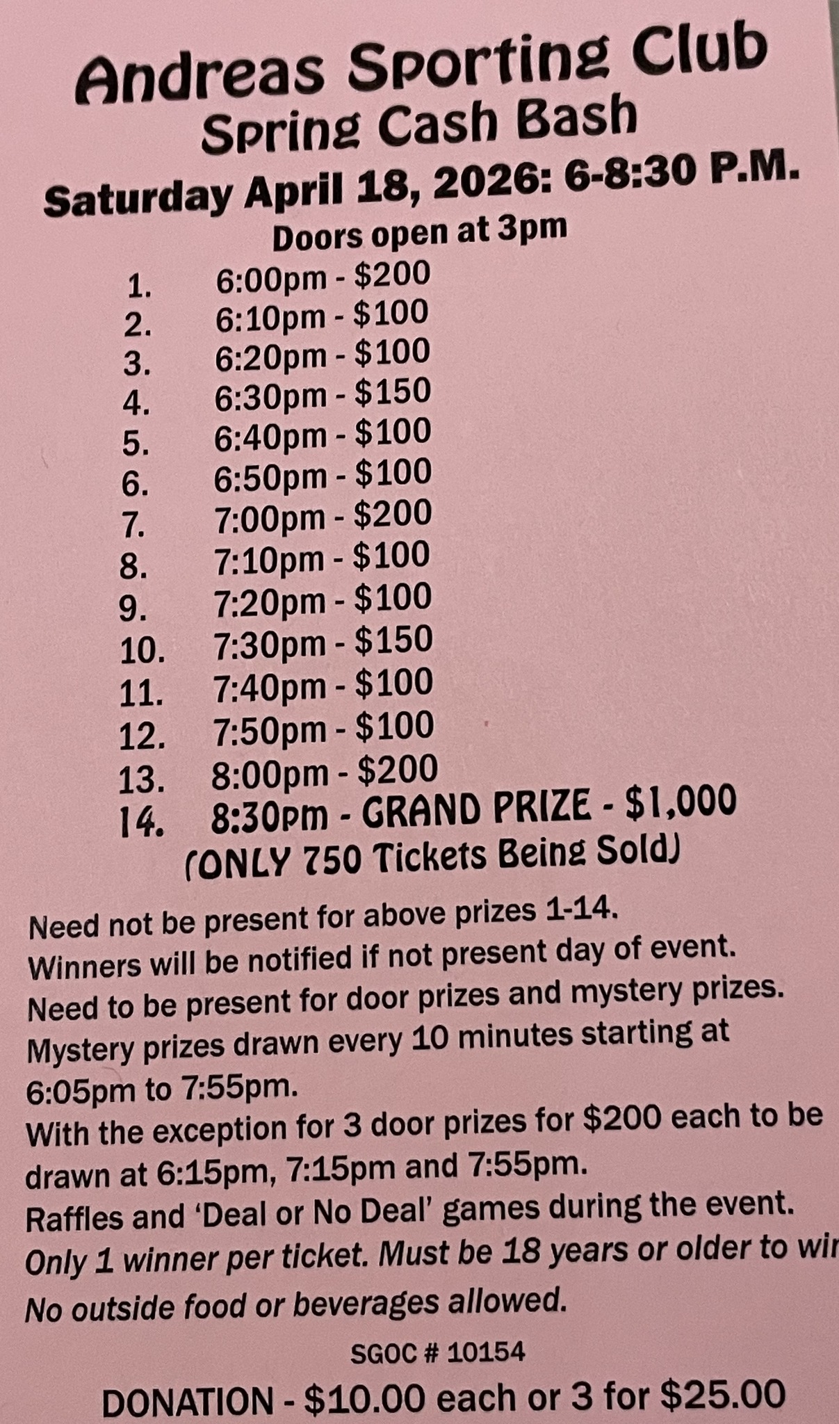 $$ Spring Cash Bash $$ 4/18/26 6-8:30pm BRING YOUR TICKET WITH YOU!!