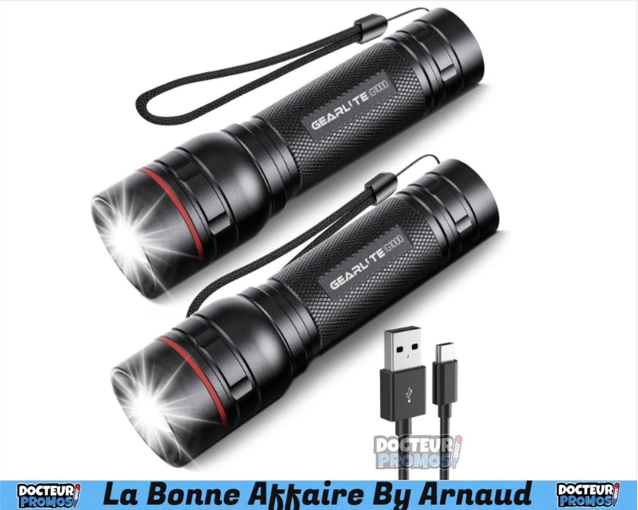 Lot de 2 mini lampes de poche 2550 lumens rechargeables USB C, petites lampes de poche haute