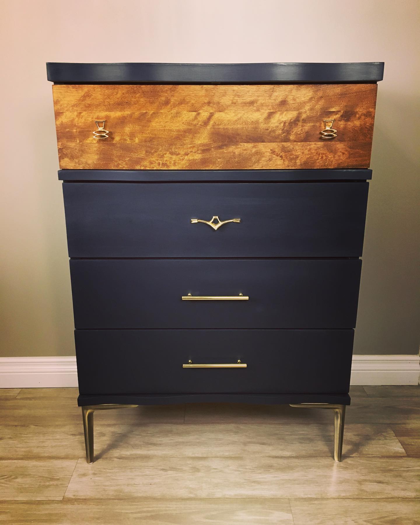 Navy blue custom dresser with gold knobs