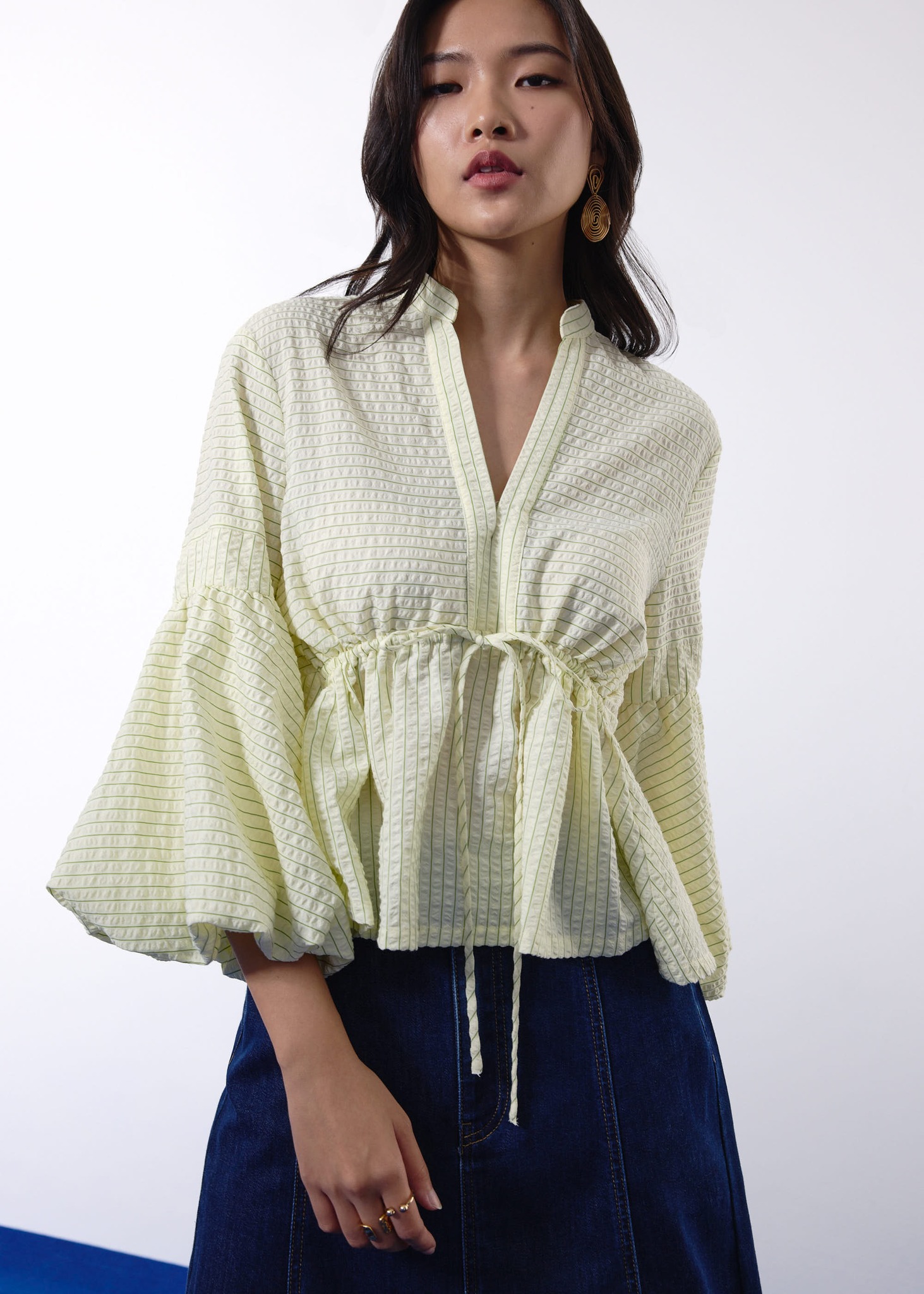 Love, - Pinstripe Seersucker Notched Puff Sleeve Peplum Blouse