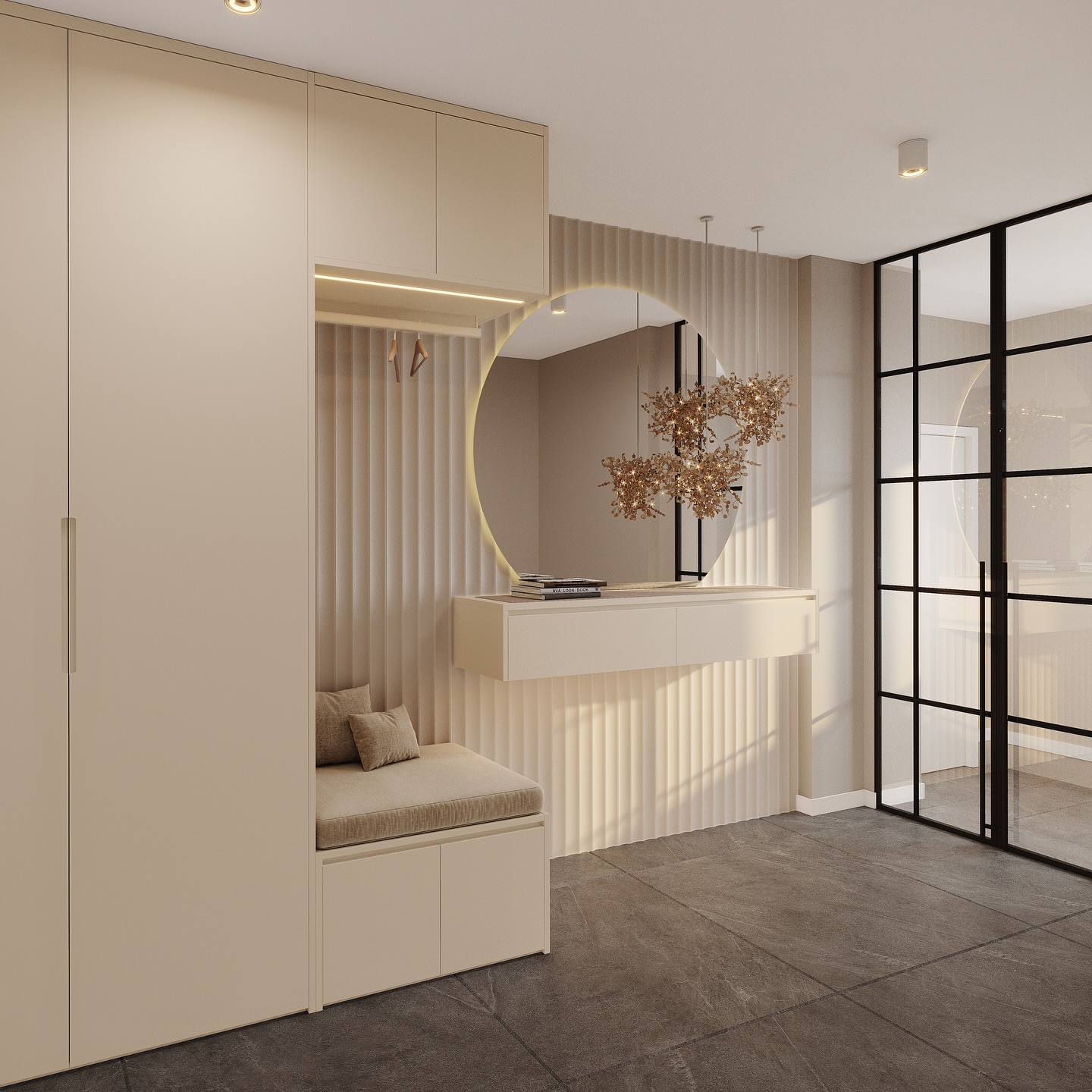 Wo Design auf Alltag trifft – ein Flur, der nicht nur empfängt, sondern auch Ordnung schafft. Stauraum trifft Stil: Spiegel, Sideboard, Sitzbank, Rückwand – und das gewisse Etwas. Eine offene Kleiderstange für