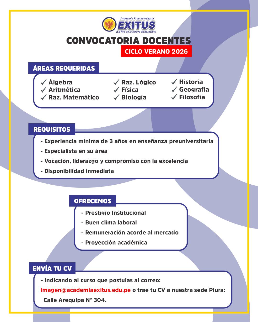 🚀 CONVOCATORIA DOCENTE – CICLO... - Academia Exitus - Piura | Facebook