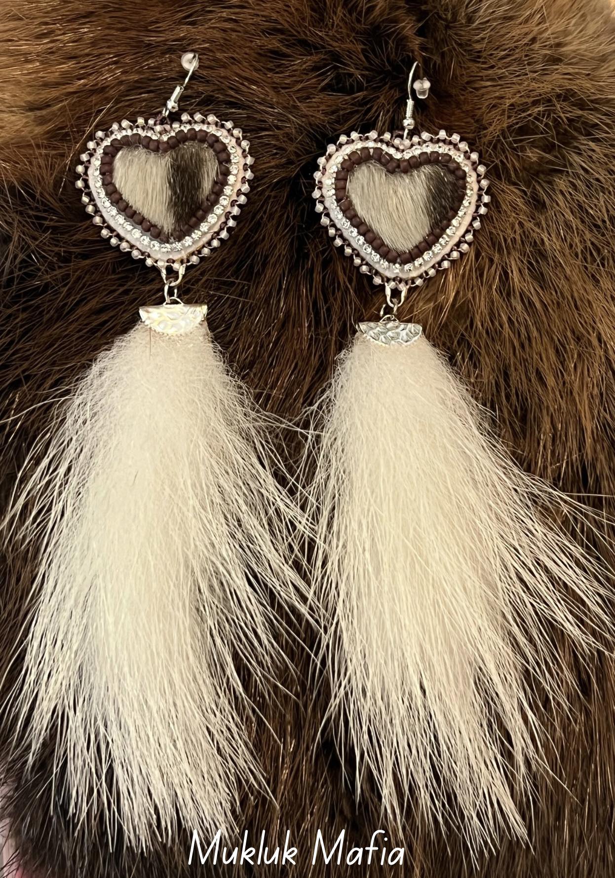 Beaded sealskin heart earring's with polar bear fur and moosehide