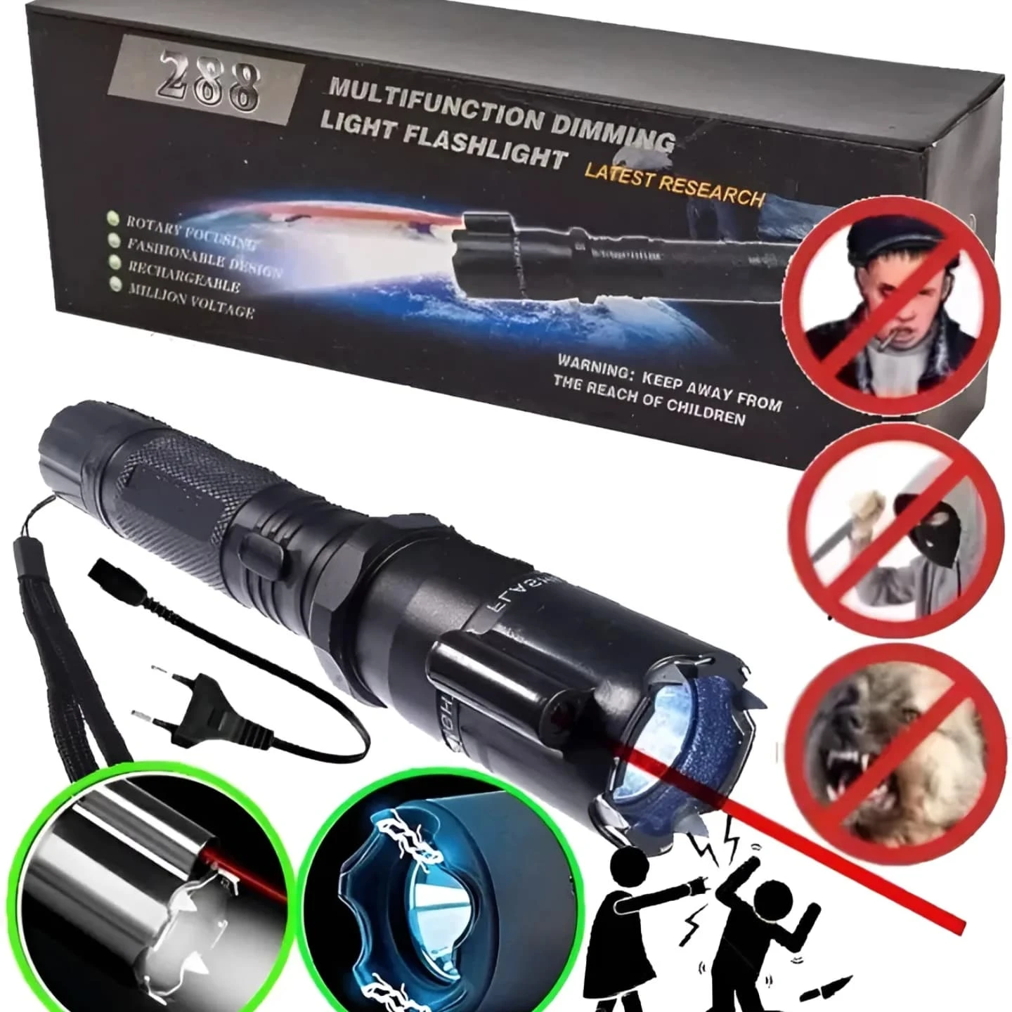 3-in-1 self-defense rechargeable stun gun with laser flashlight 288 TEKRKEJ Mini for Self Defense LED Flashlight（Black 3 in 1 Multifunctional Dimming