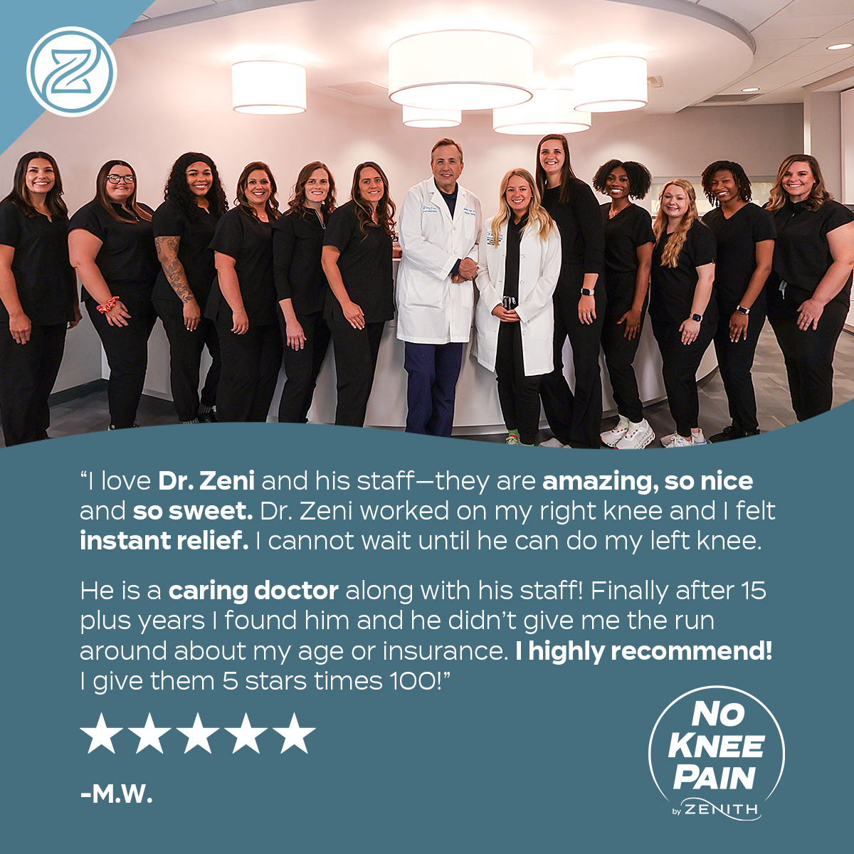Zenith - No more knee pain, courtesy of Dr. Zeni and staff! Thank you ...