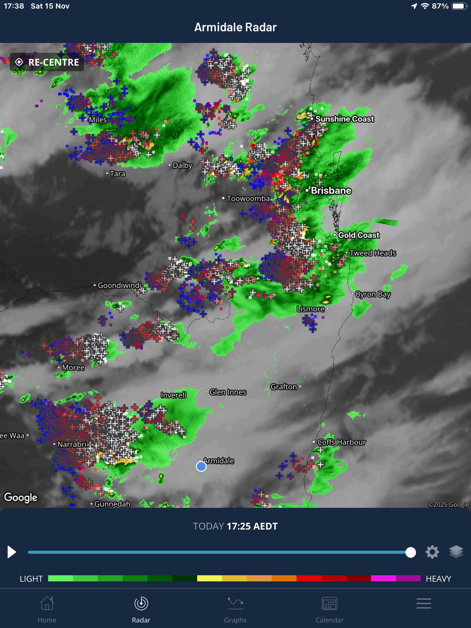 East - Radar snap shot 15/11/25 1725 hrs. Image credit weatherzone ...