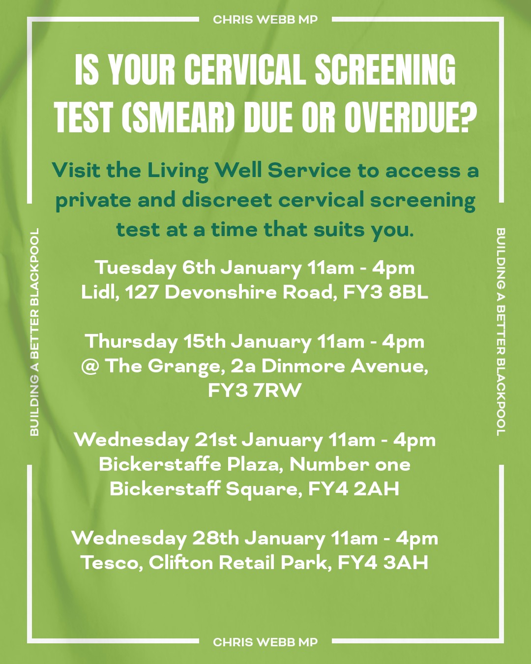 Chris Webb MP - From the New Year, a cervical screening... | Facebook