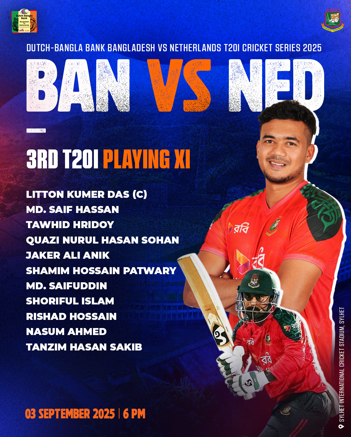 Bangladesh - Bangladesh’s Playing XI | 3rd T20i 🏏 | Dutch-Bangla Bank ...