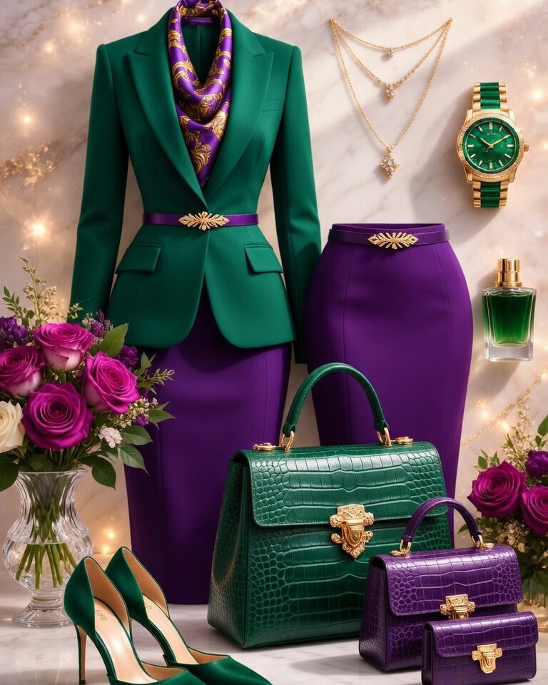 green and purple dress combination Discover the Power of Pairing: deep emerald regal amethyst purple. This sophisticated is a timeless and luxurious choice for any occasion. Our impeccably tailored blazer and skirt suit in cf-size-eu-39-us-8-5