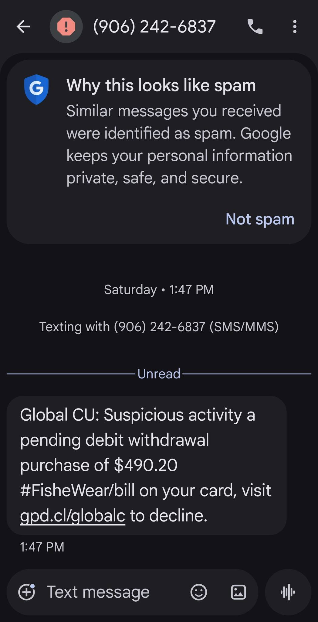 Scam text message with name alice