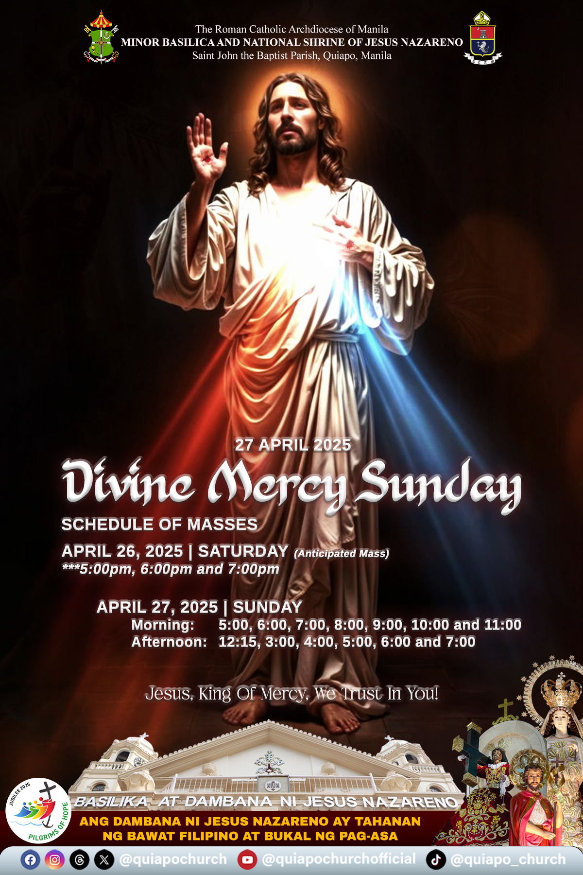 Quiapo - 27 APRIL 2025 | DIVINE MERCY SUNDAY SCHEDULE OF MASSES APRIL ...