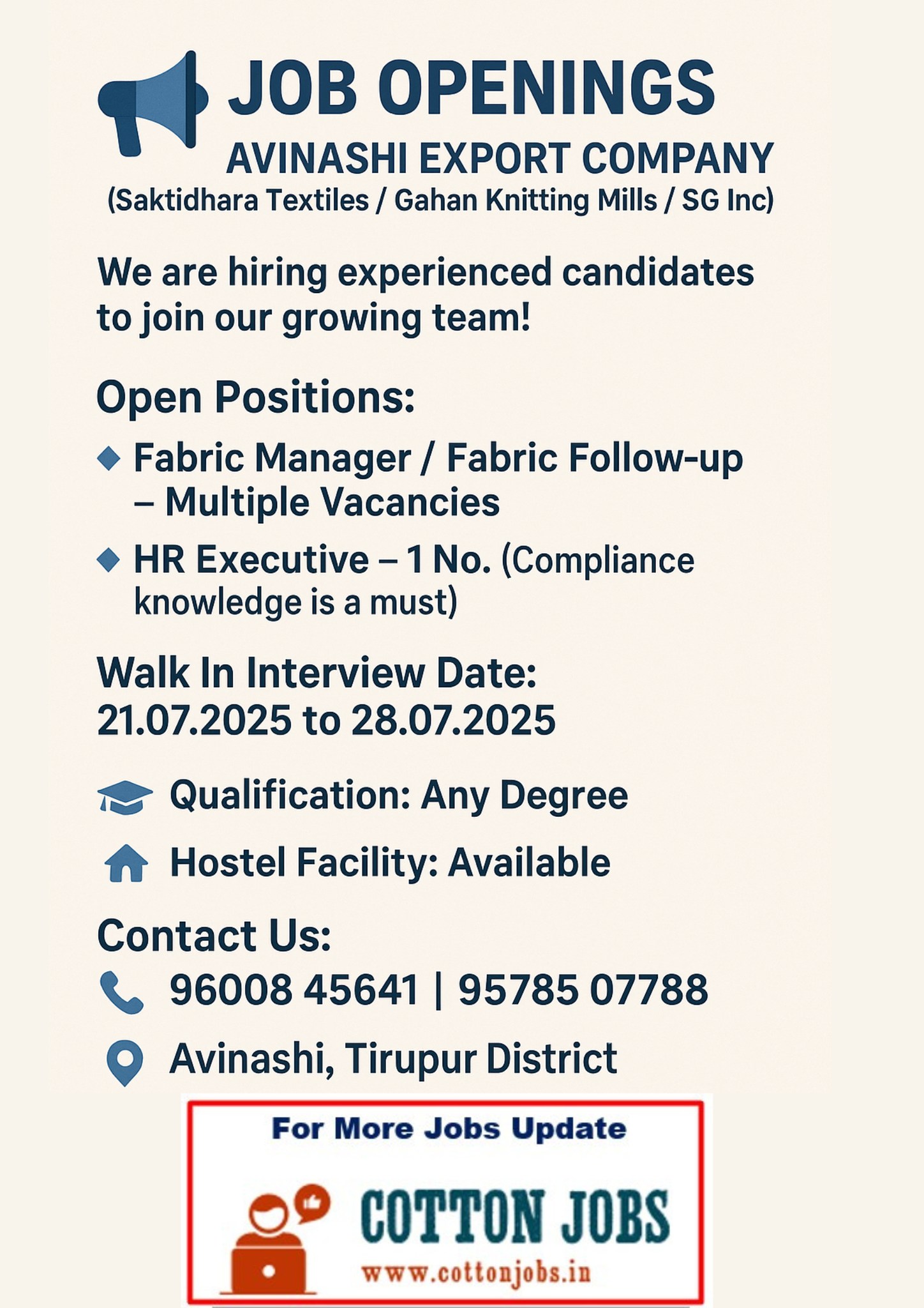 Tirupur garments and textiles jobs list