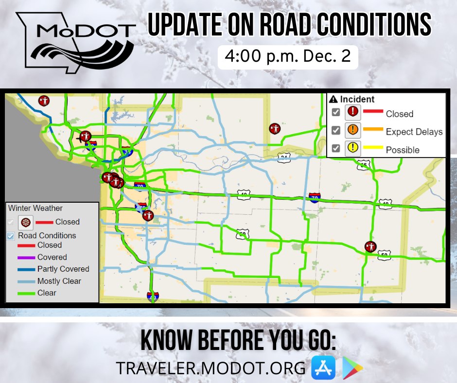 MoDOT - 4:00 PM UPDATE: We are seeing a mix of mostly clear and clear ...