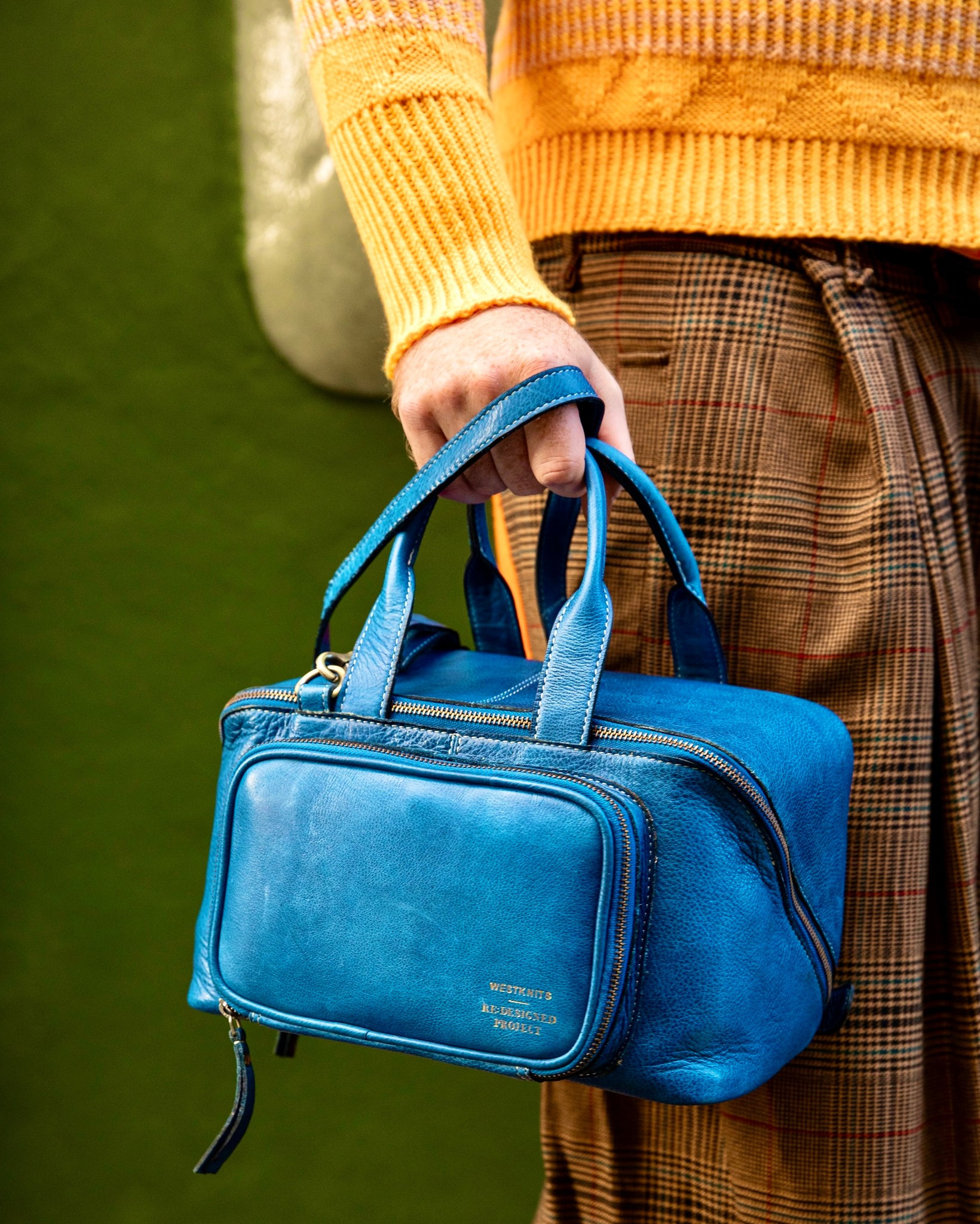 Project 39 denim blue leather bag for knitting storage