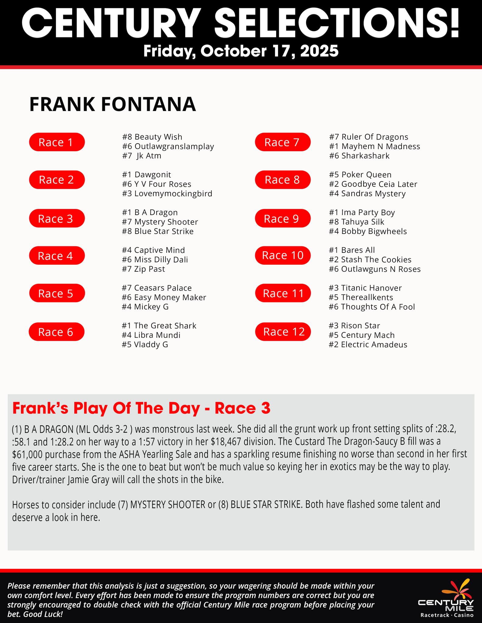 Century - Friday's harness racing program is now available for download ...