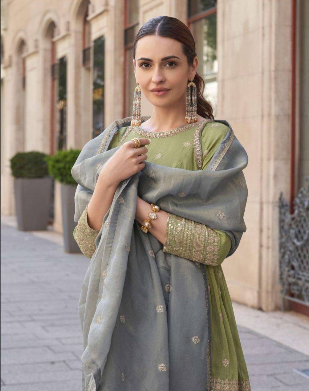 An unusual colour combination, Pistachio Green & Grey Sharara Suit