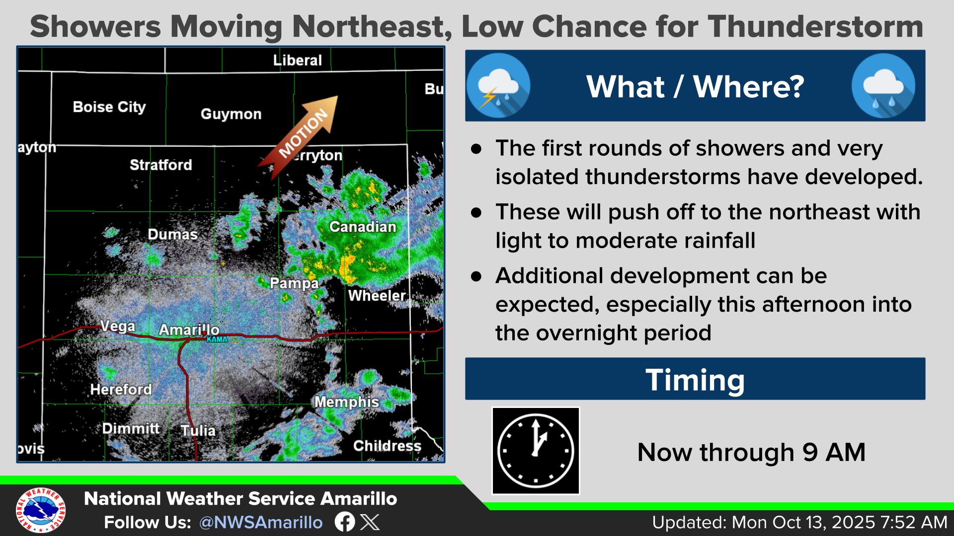 Posted Oct 13 @ 8:05 AM: Showers and very isolated thunderstorms 