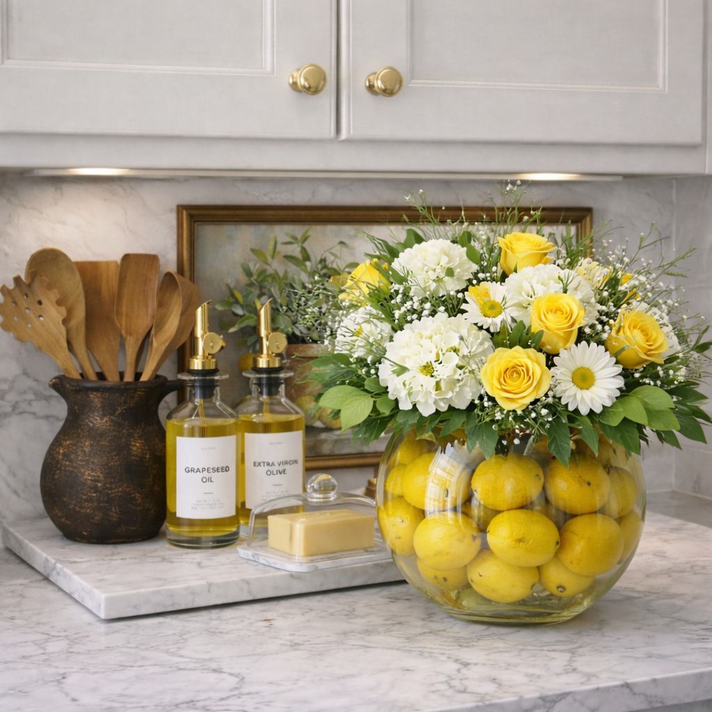 Little touches like this make everyday spaces special! A simple centerpiece idea for Spring & Summer! Use lemons with fresh florals! Adding real lemons to a clear vase instantly gives that bright