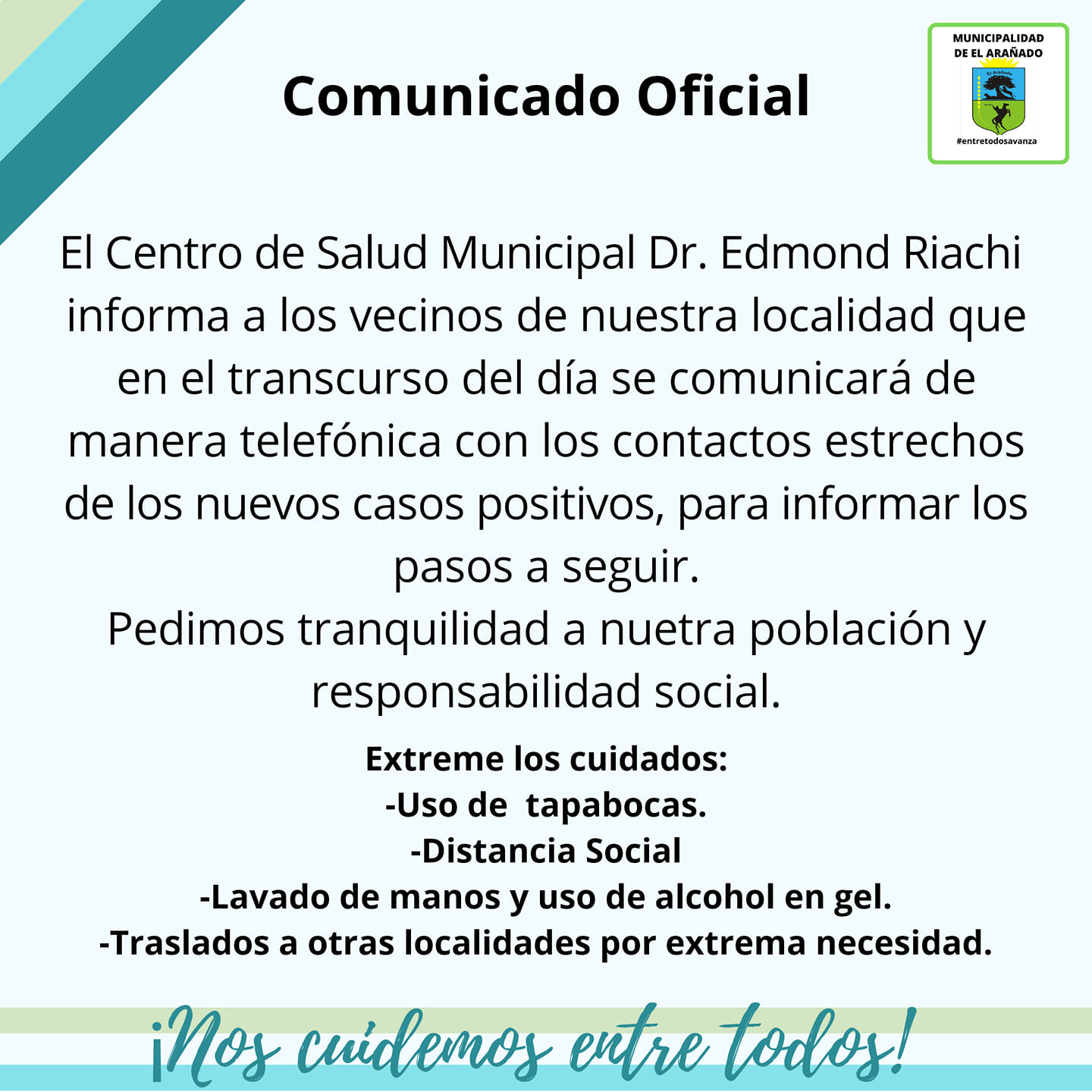 ⚠️COMUNICADO OFICIAL CSM DR.... - Municipalidad De El Arañado | Facebook