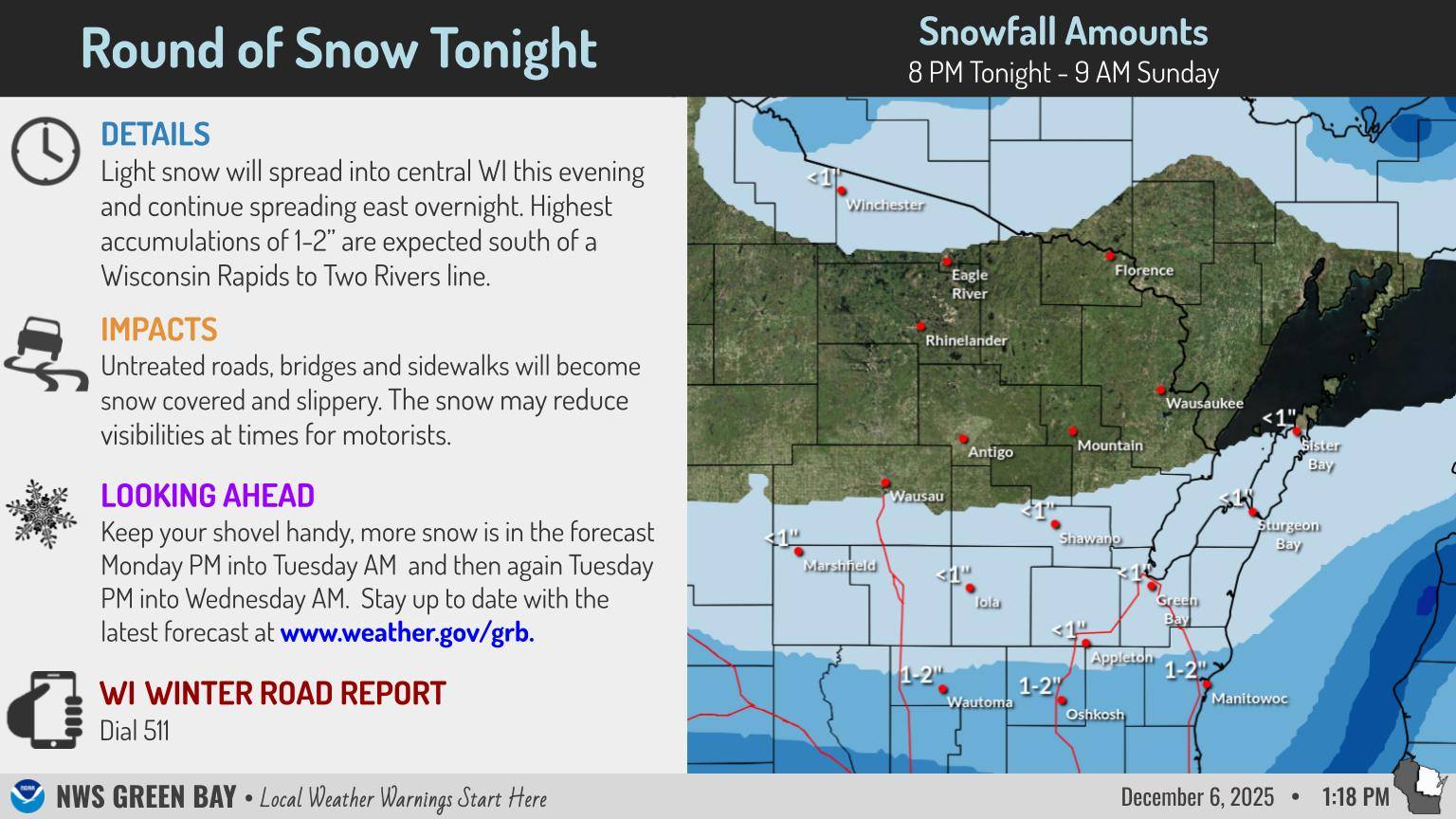 US - 1:25 PM {12/6/2025} Light snow will spread into central WI this ...