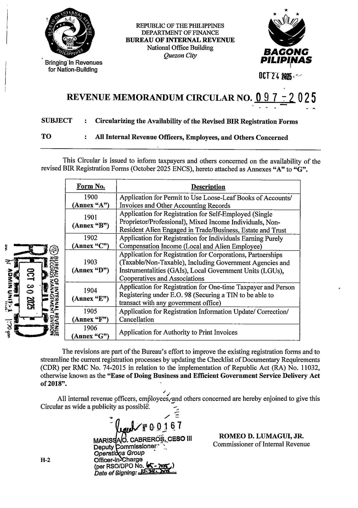 Mangubat - BIR Revenue Memorandum Circular (RMC) No. 97-2025 The Bureau ...