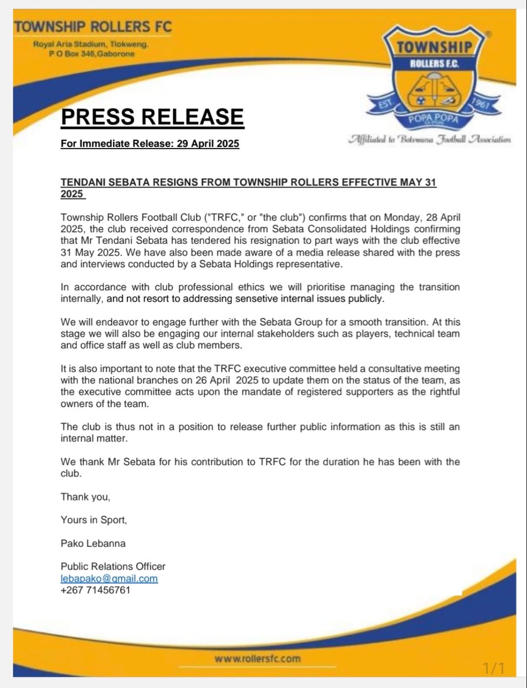 Township - PRESS RELEASE For Immediate Release: 29 April 2025 TENDANI ...