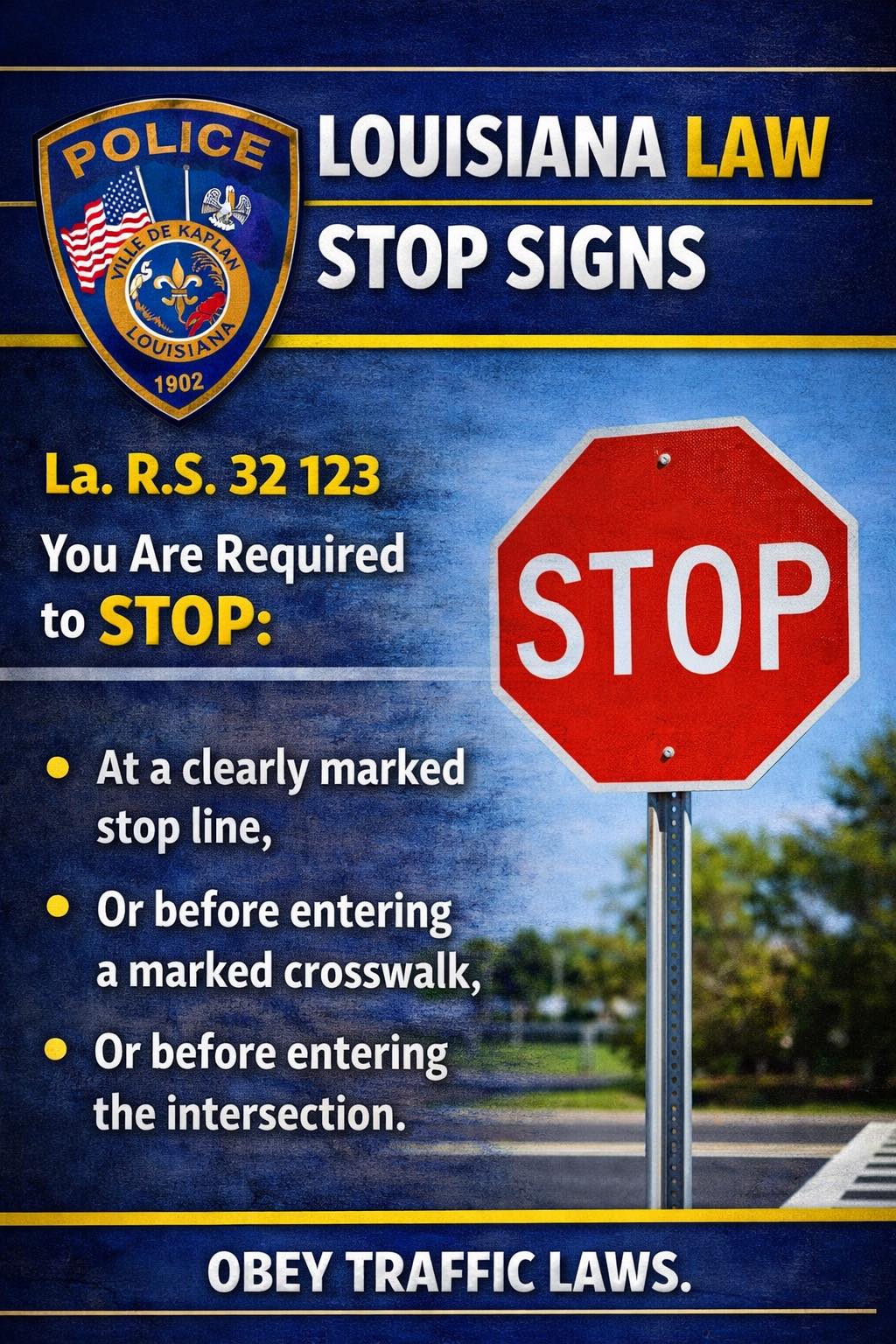 Louisiana law requires complete stops at intersections