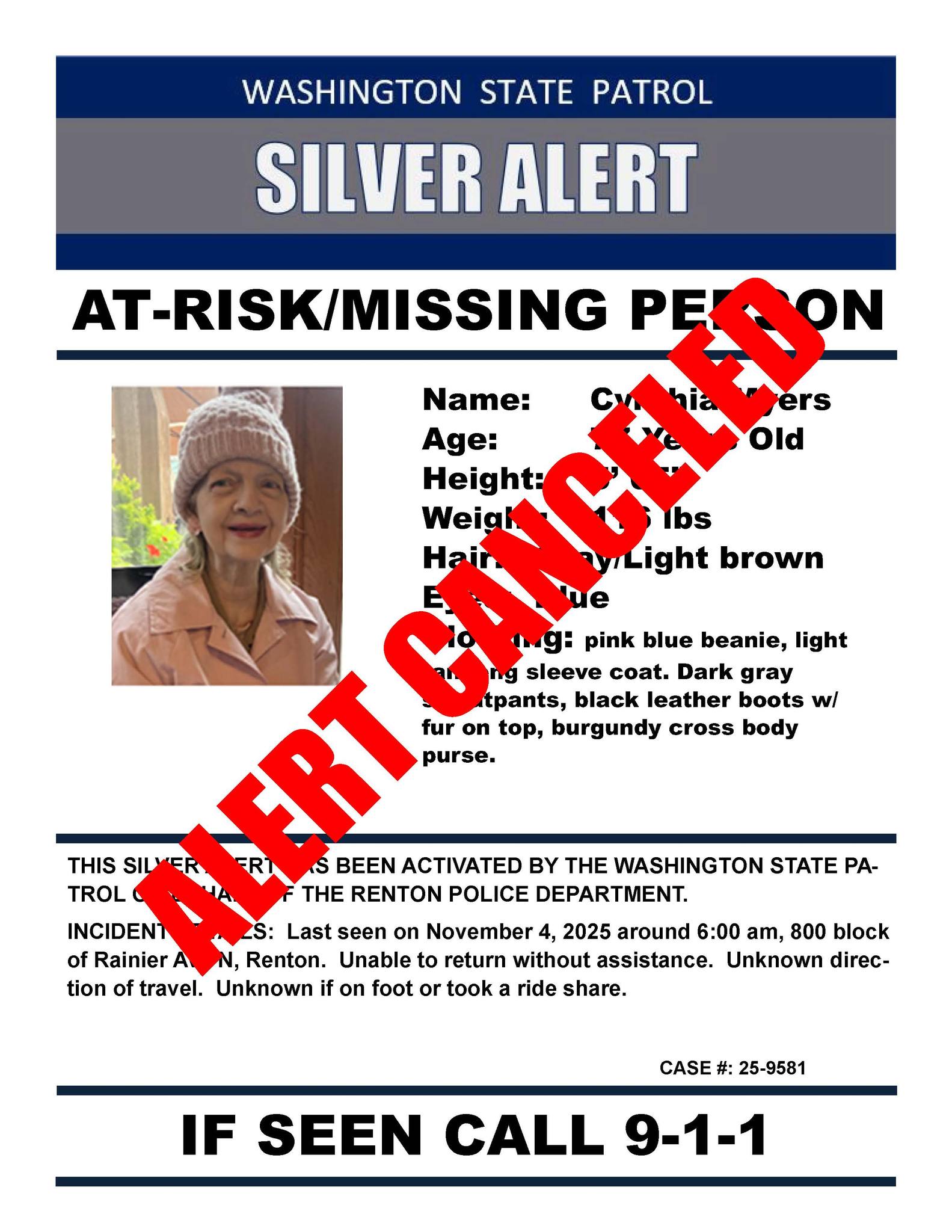 Renton - Update: 11/7/25: Cynthia has been located safe. We appreciate ...