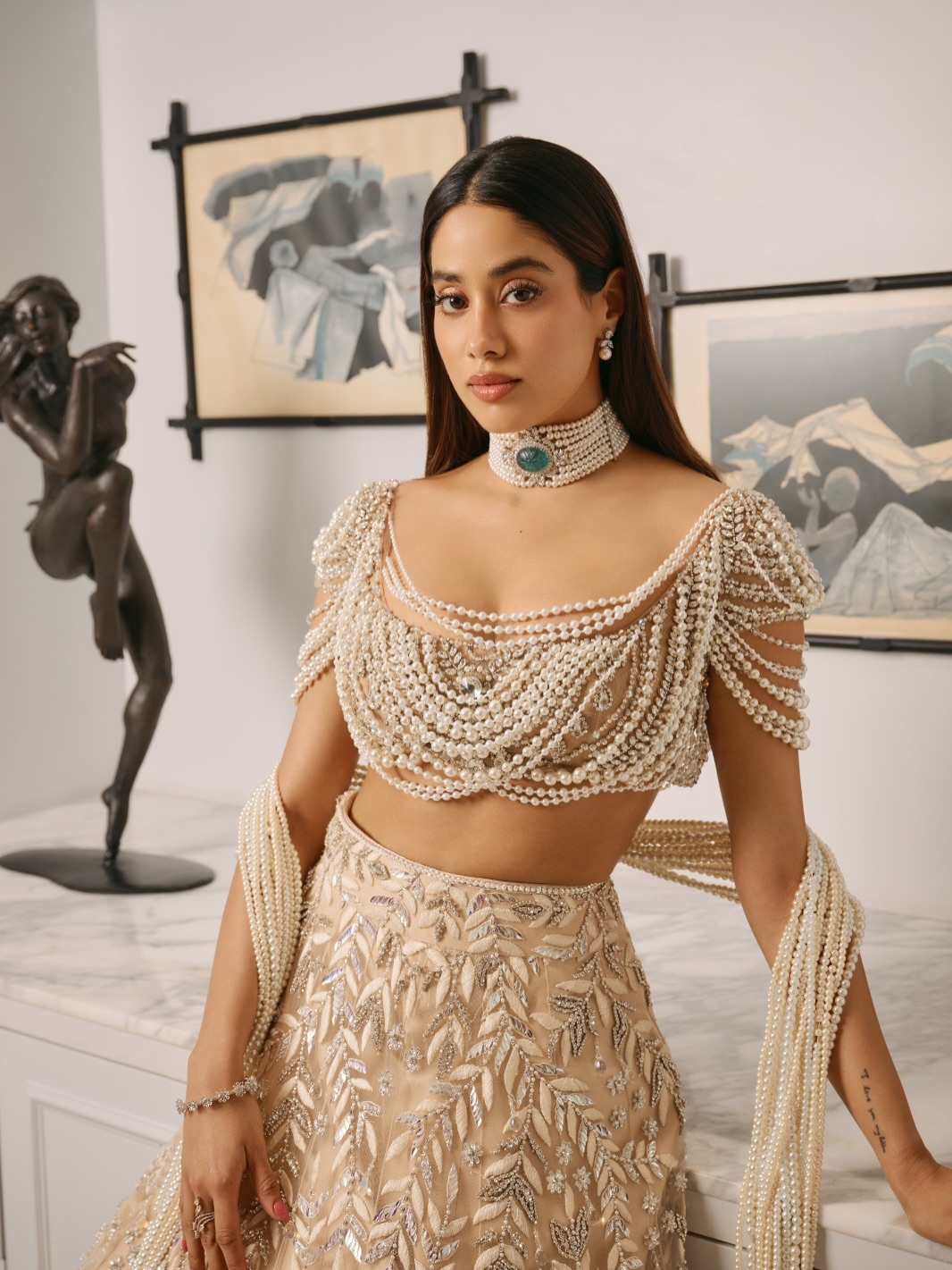 janhvi kapoor golden dress janhvikapoor bright in a gorgeous golden-pearl outfit.✨ [Janhvi Kapoor, Bollywood, Fashion, Indian] Fall/Holiday