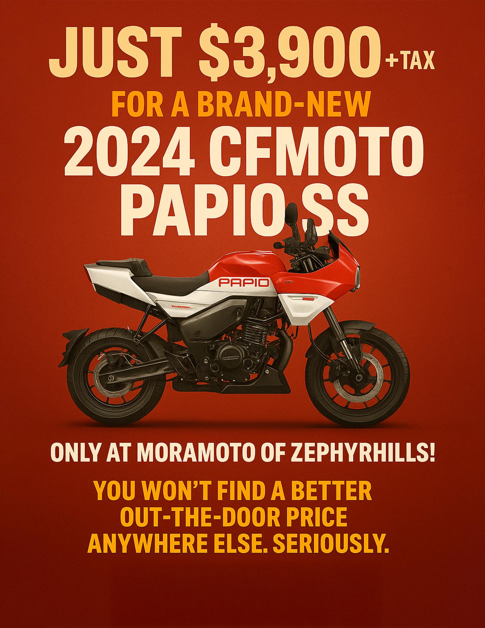 Just $3,900 + tax OTD for a brand-new 2024 CFMoto Papio SS — only
