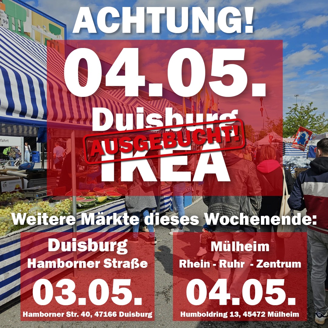 📢 AUSGEBUCHT! 📢 Unser Markt am 04.05.2025 am IKEA in Duisburg ist komplett voll! 😱🎉 Danke an alle, die sich rechtzeitig einen Platz gesichert haben, wir freuen uns riesig auf euch! ❤️ ‼️ Wichtig: Bit