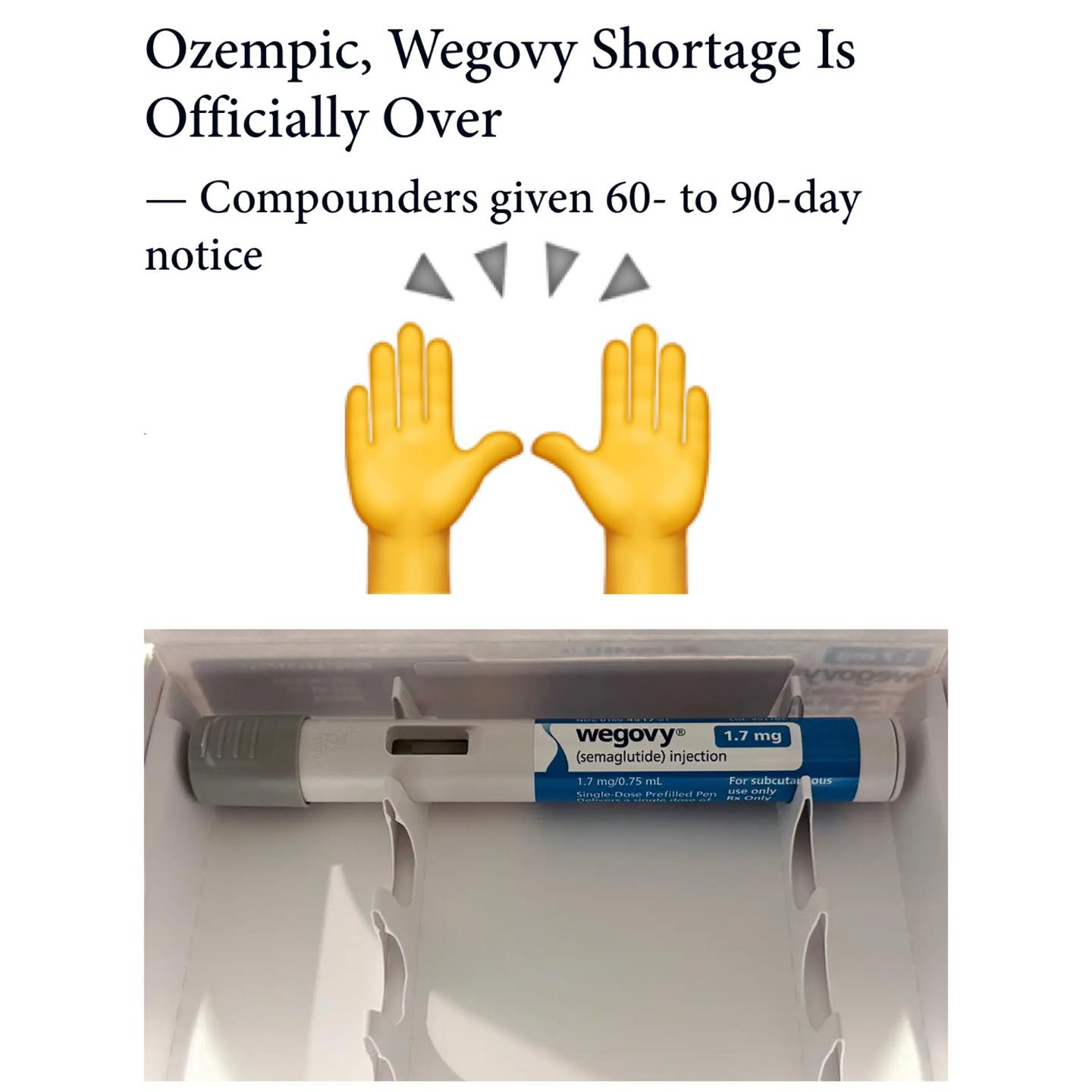 📢 FDA has determined the shortage of semaglutide injection products, a glucagon-like peptide 1 (GLP-1) medication, is resolved. Patients and prescribers may still see intermittent and limited localized supply disruptions as the