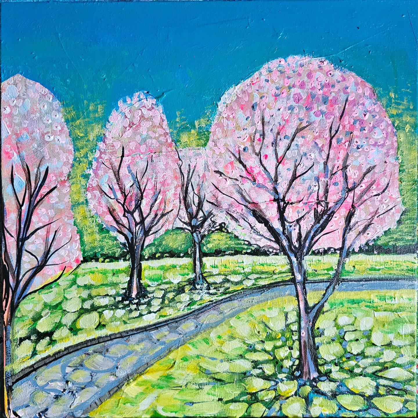 Small pink blossom tree acrylic painting