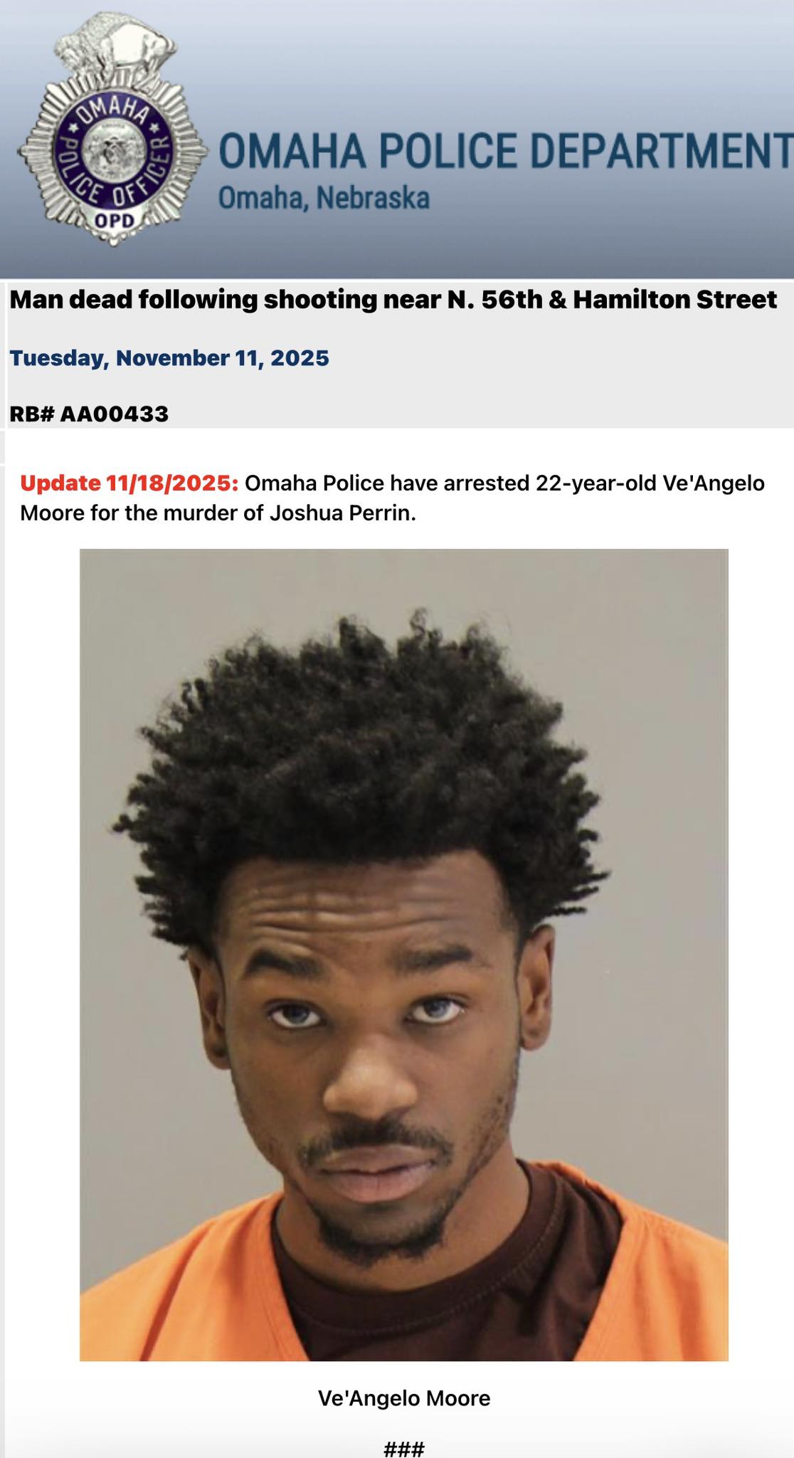 Omaha - Omaha Police Department announce the arrest of Ve’Angelo Moore ...