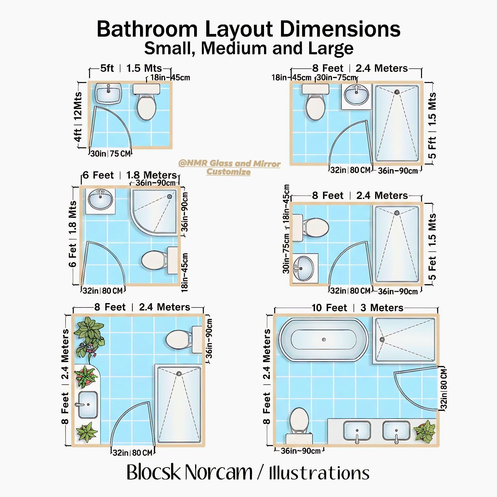 NMR - a technical architectural chart showing various standard bathroom ...