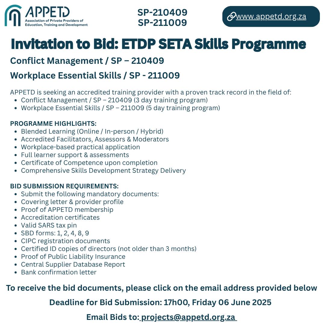 APPETD - 📢 Invitation to Bid: ETDP SETA Skills Programme APPETD invites ...