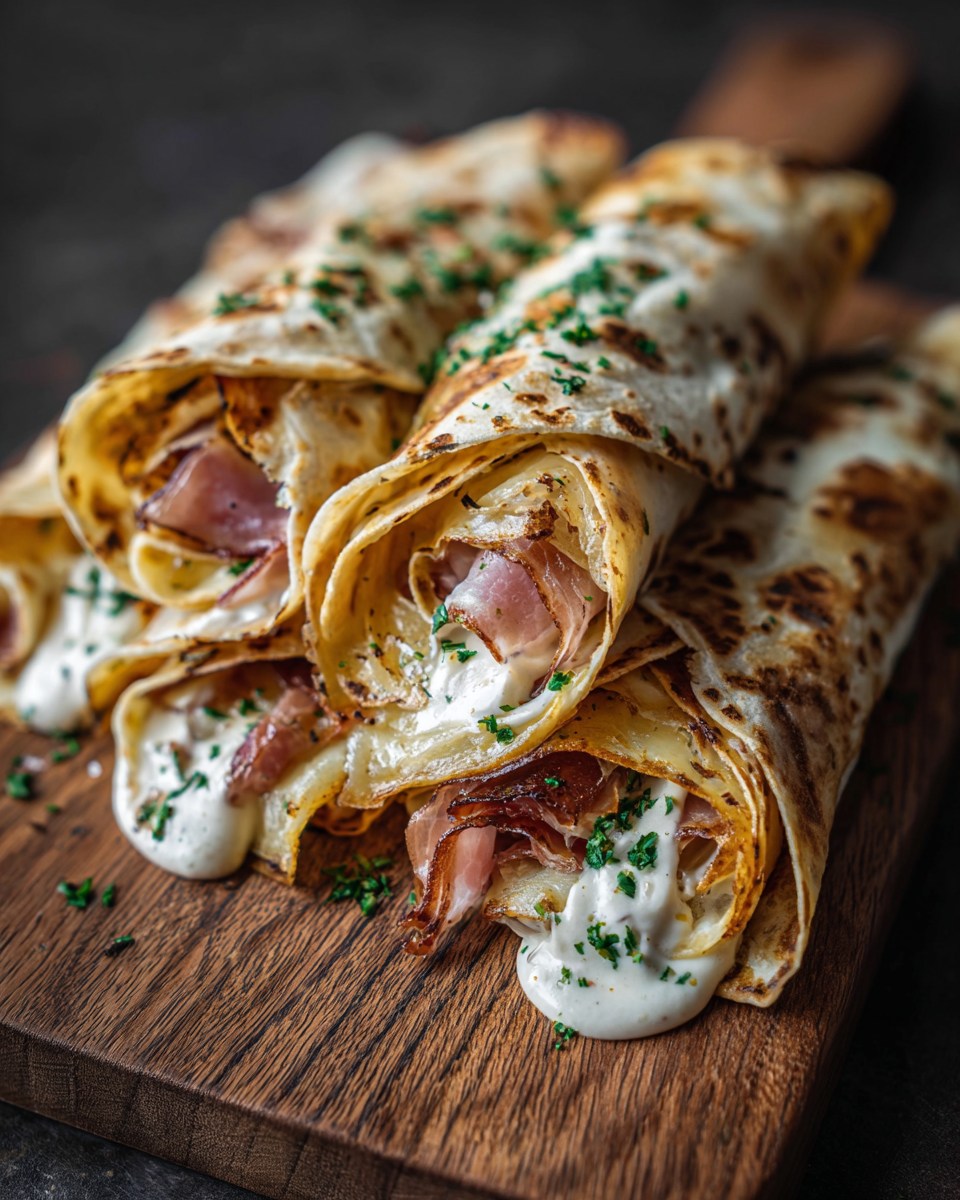 Rcptasty - Flammkuchen-wraps met spek en ui 🍕🥓 Ingrediënten: - 4 grote ...