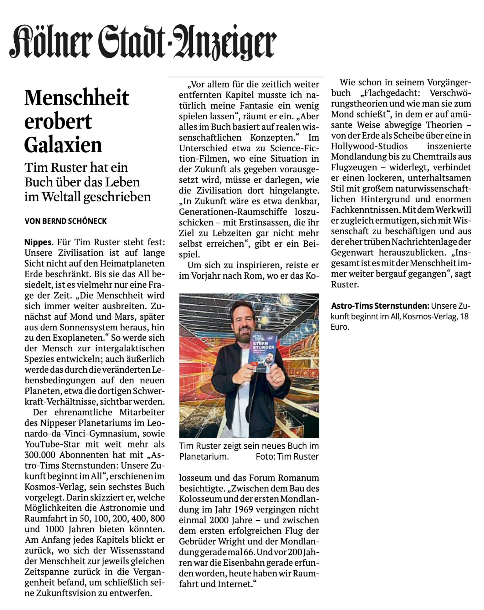 Astro-Tim - Schöner Artikel heute im KSTA über mein neues Buch 