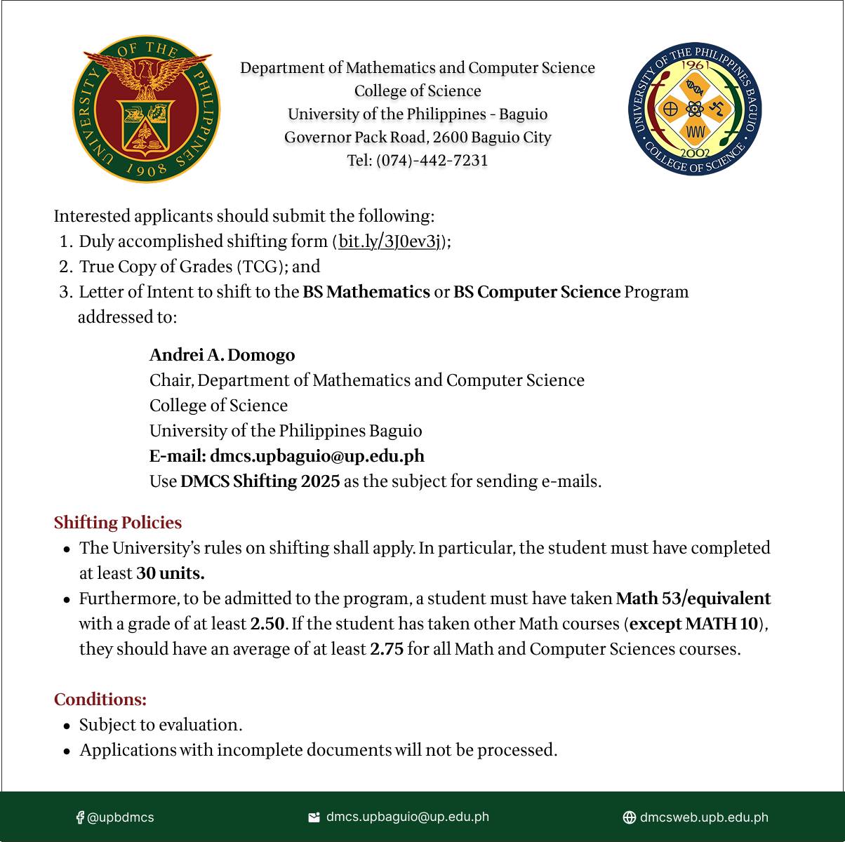 The Department is now accepting shifting to the BS Mathematics and BS ...