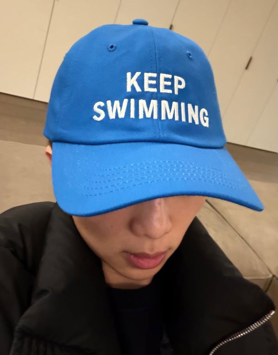 Namjoon wearing the Keep Swimming Blue cap 😍💜 Yes Joon! Life