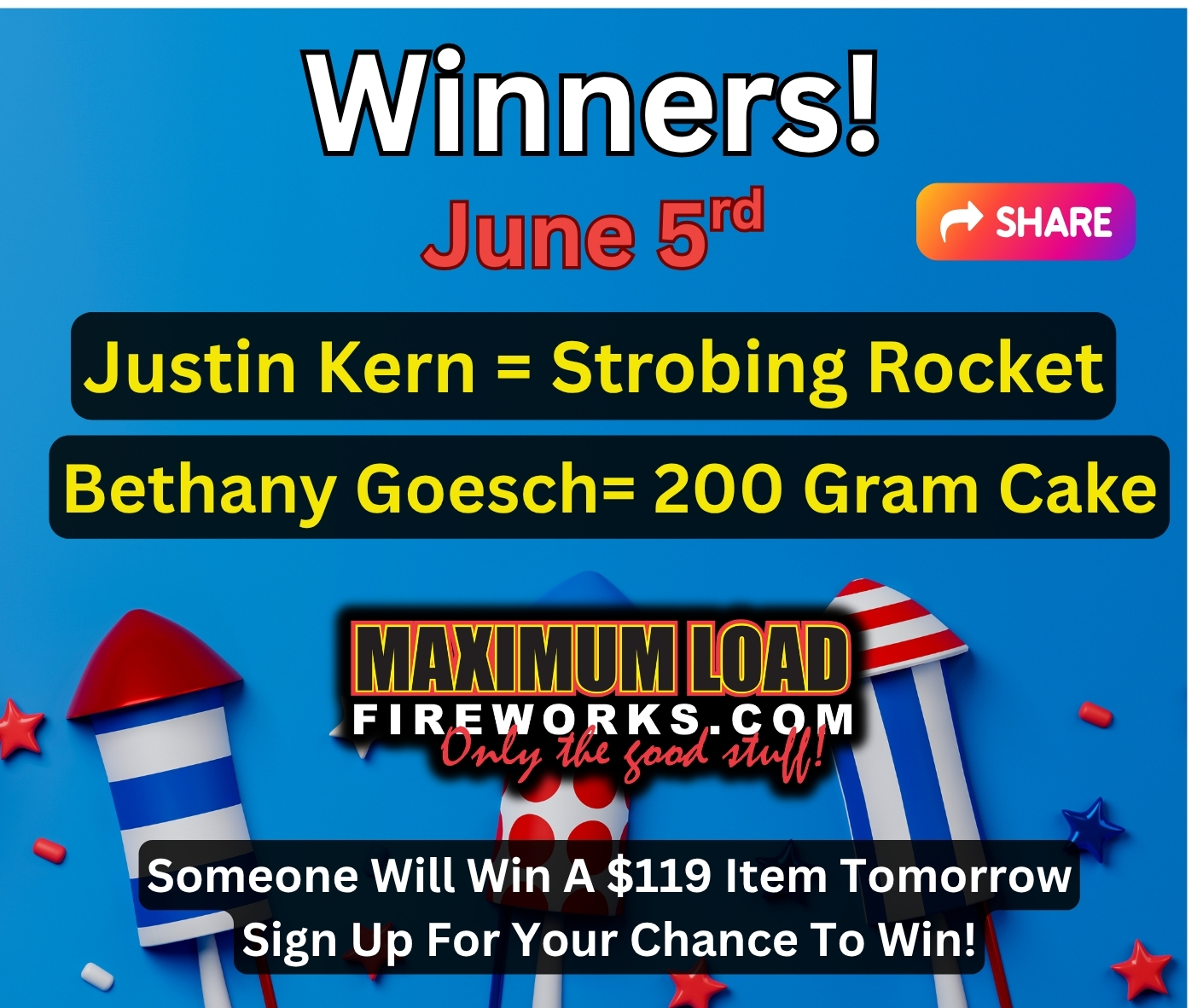 🎉 Congrats to today’s winners at... - Maximum Load Fireworks | Facebook