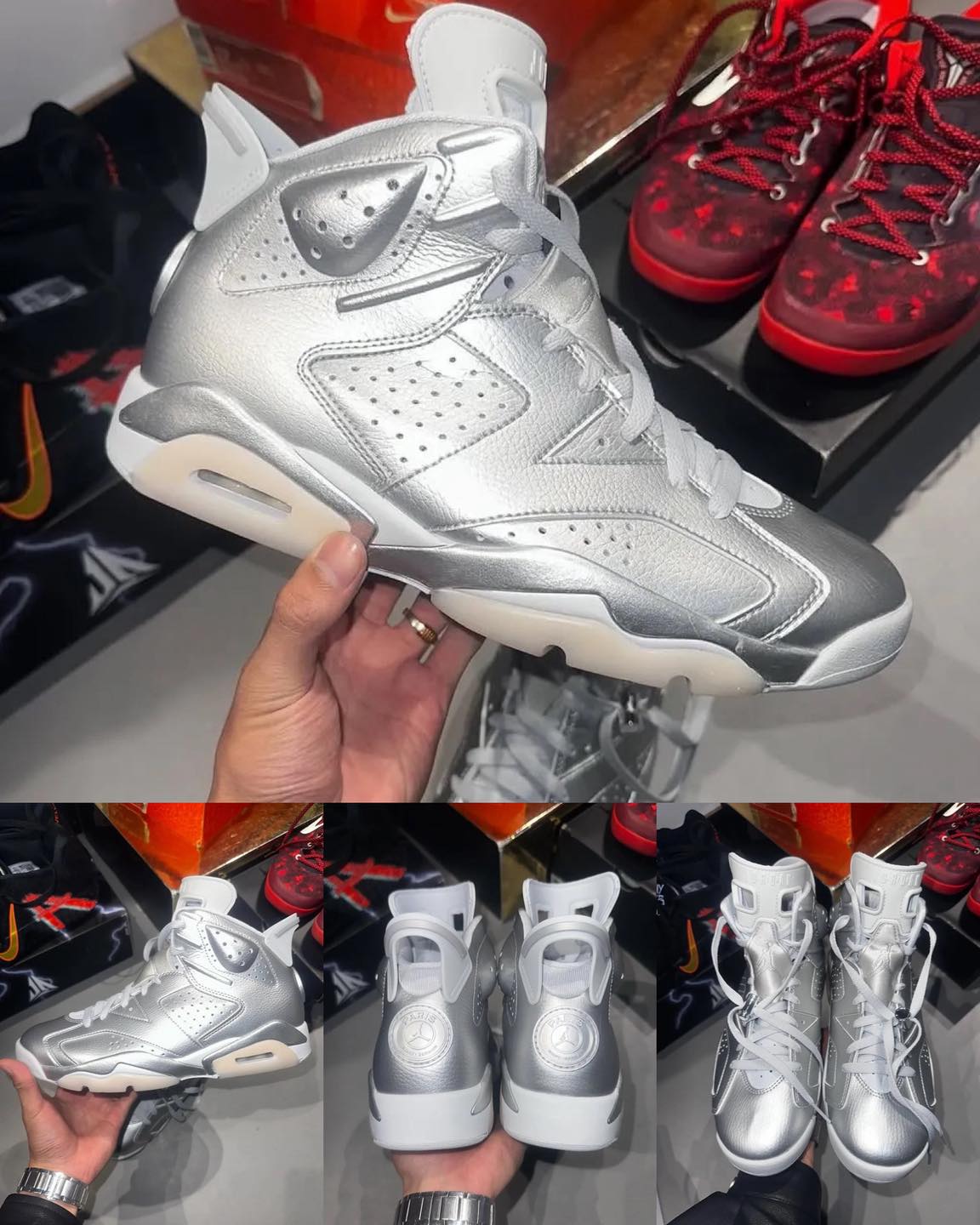 Detailed look at the PSG x Air Jordan 6 “Metallic Silver” set for