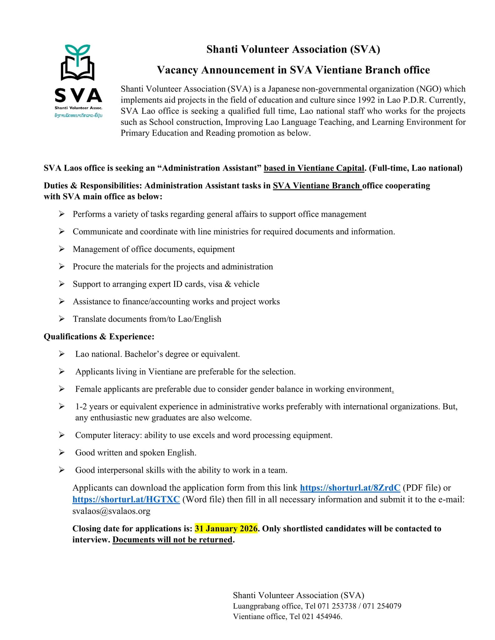 SVA Laos - SVA Laos office is seeking an “Administration... | Facebook
