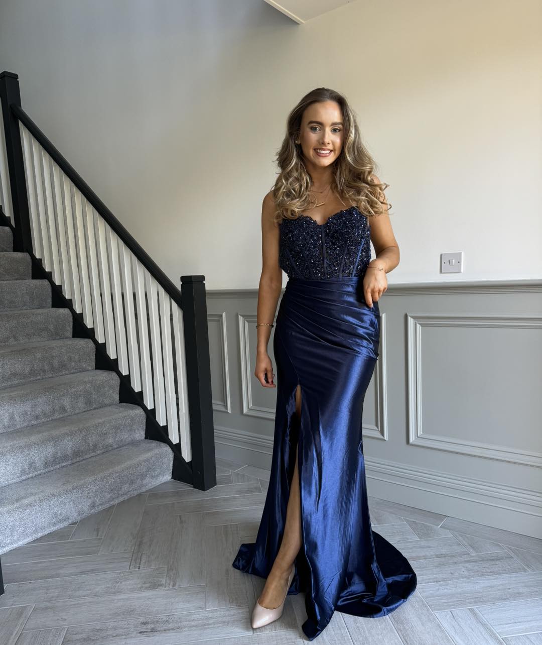 rose gold with navy dress Such a gorgeous style in beautiful 💙✨ Also available in 😍 Call or message to book in and find your dream formal dress! birthday bodysuit