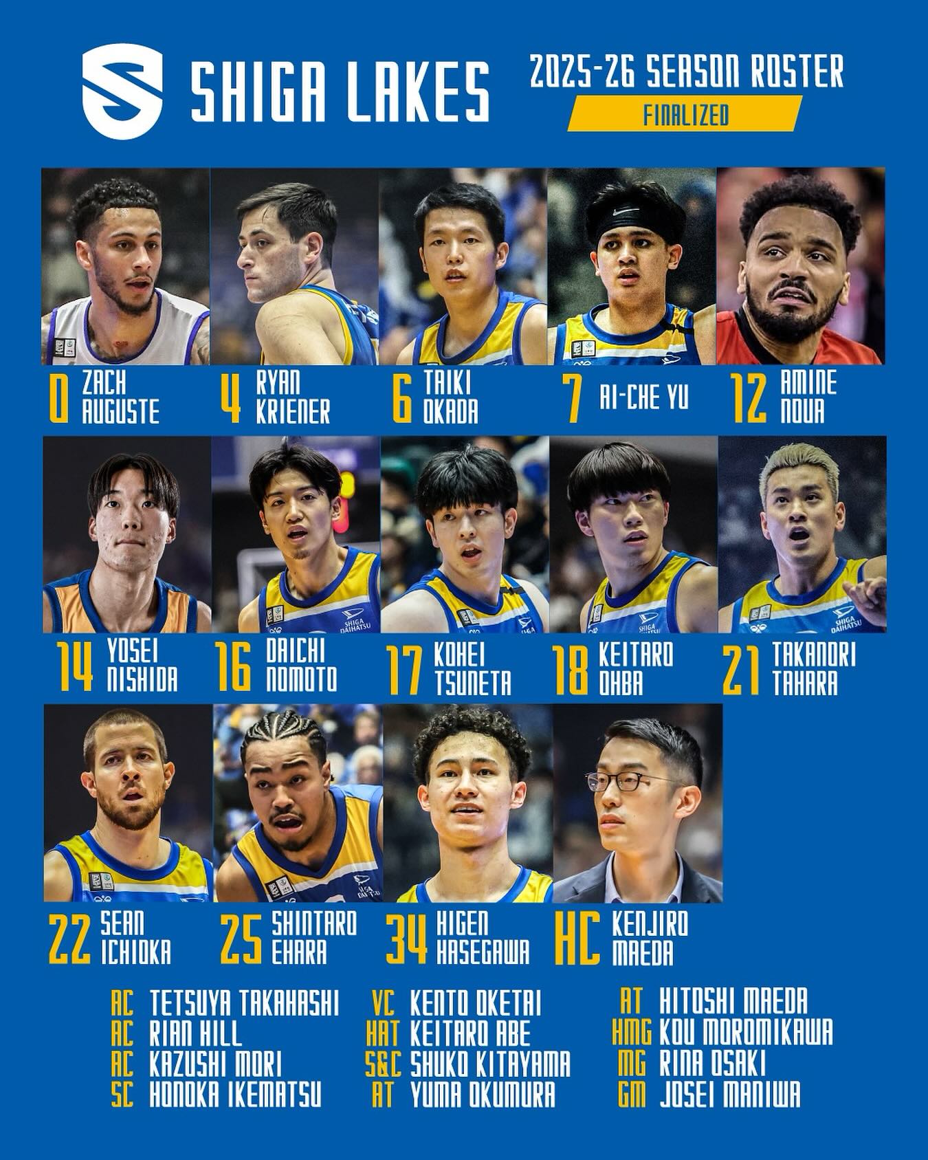 滋賀レイクス 2025-26 season ROSTER #0 ザック・オーガスト（C/PF