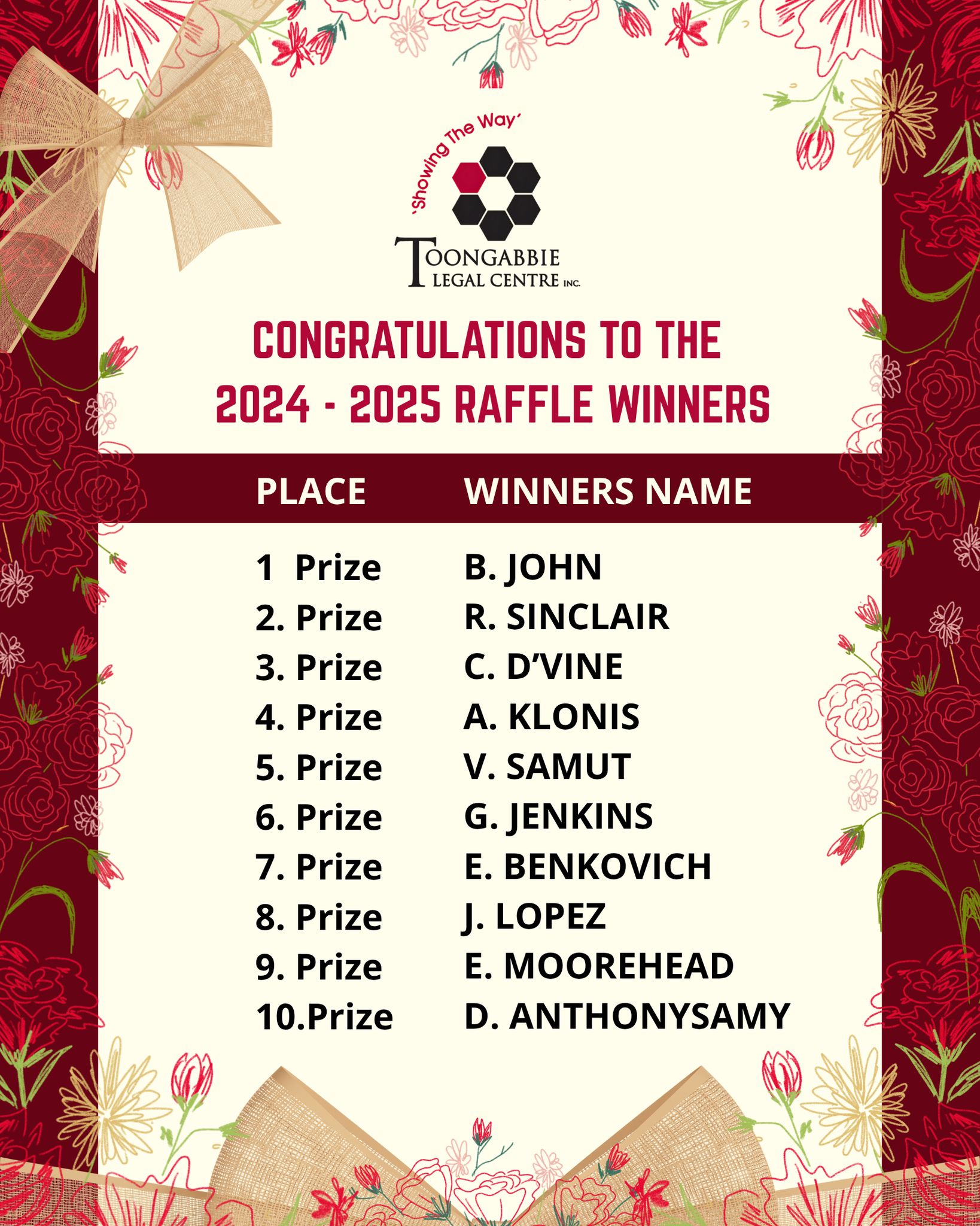 🎉 CONGRATULATIONS TO OUR RAFFLE... - Toongabbie Legal Centre | Facebook