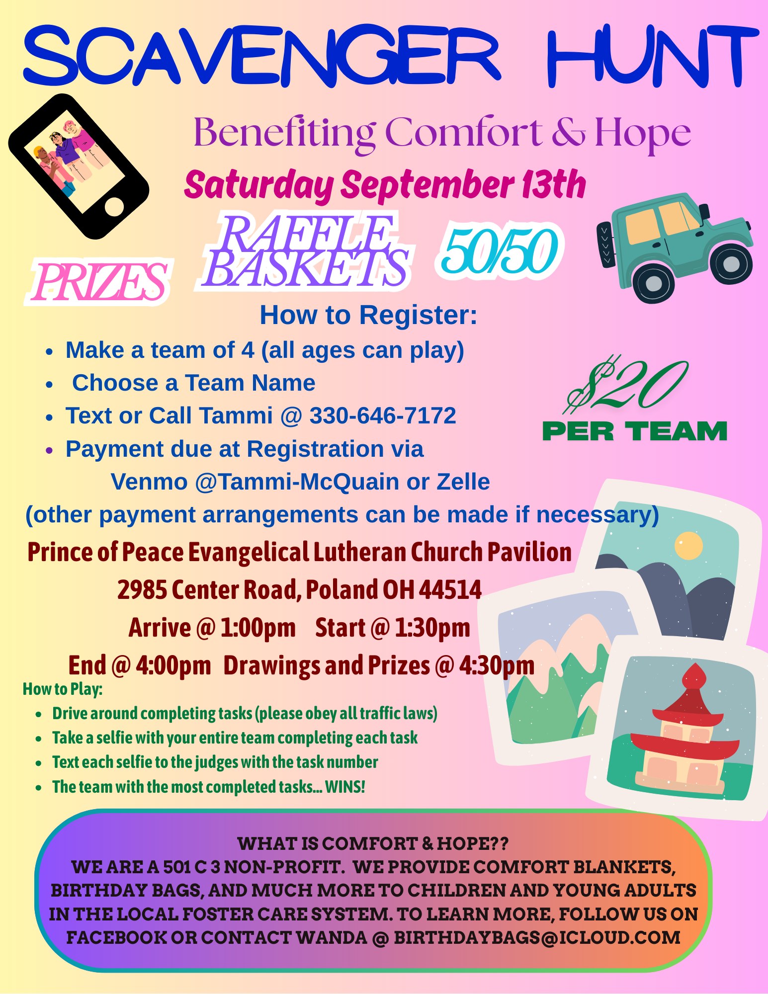 Scavenger Hunt, Basket Raffle, 50/50 Fundraiser Benefiting Comfort & Hope