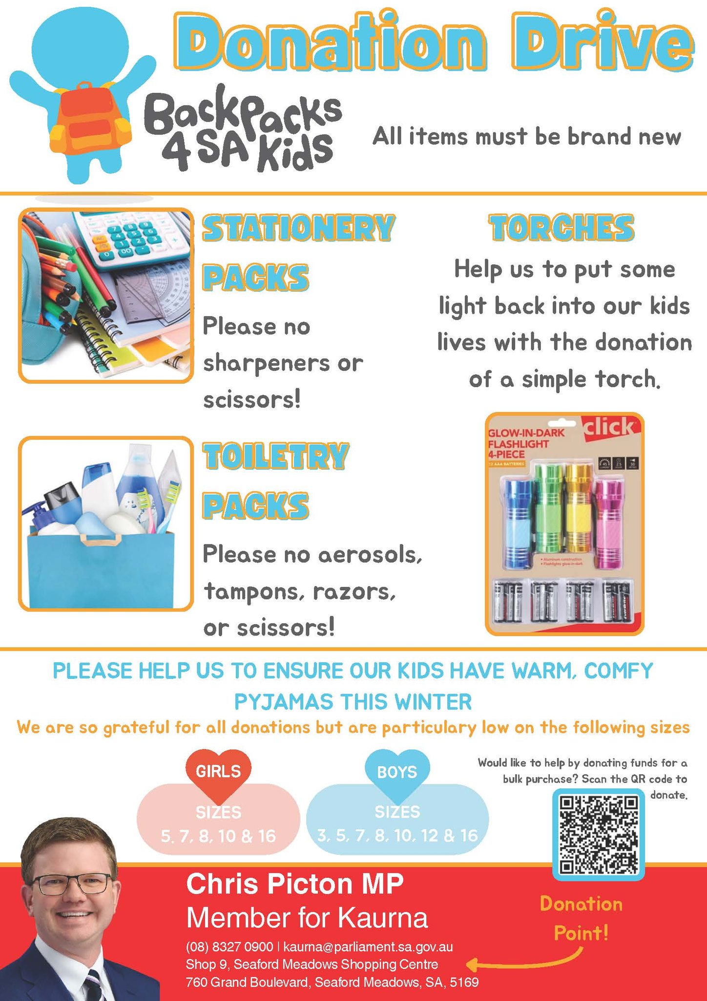 Chris - My electorate office is a drop off point for Backpacks 4 SA ...