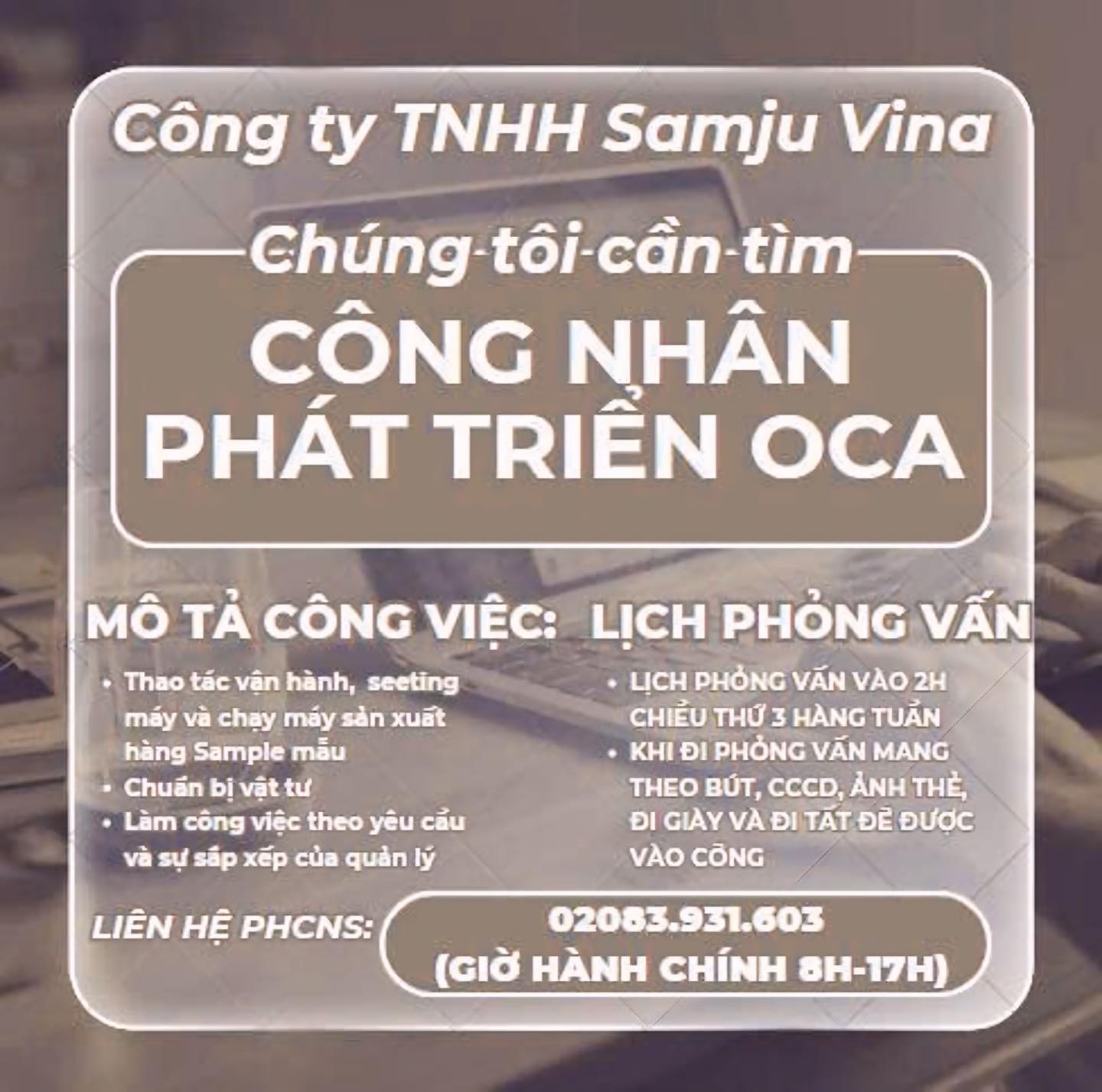 Công - CÔNG TY SAMJU THÔNG BÁO TUYỂN DỤNG GẤP - VỊ TRÍ SAU: CÔNG NHÂN ...